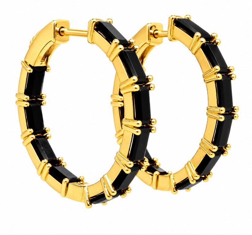 5.95 Ctw Black Spinel Hoop Earring in Brass Yellow Gold
