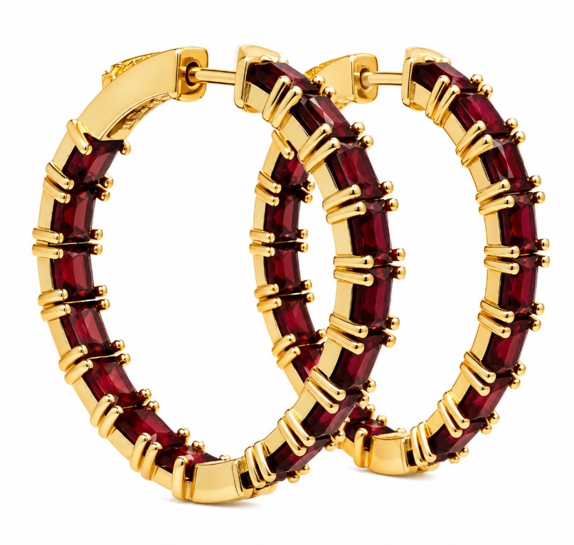 15.30 Ctw Red Zircon Hoop Earring in Brass Yellow Gold