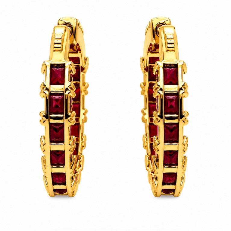 15.30 Ctw Red Zircon Hoop Earring in Brass Yellow Gold