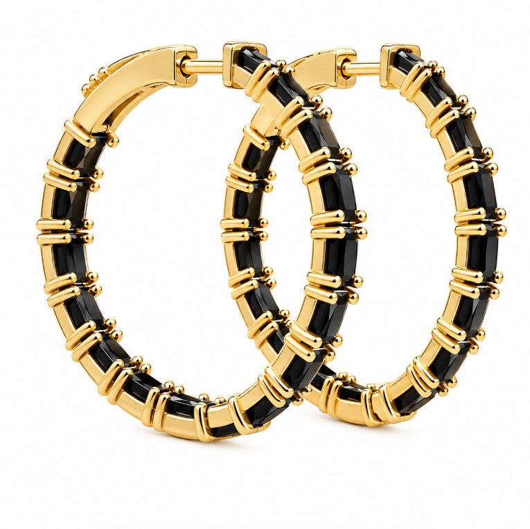 11.52 Ctw Black Spinel Hoop Earring in Brass Yellow Gold