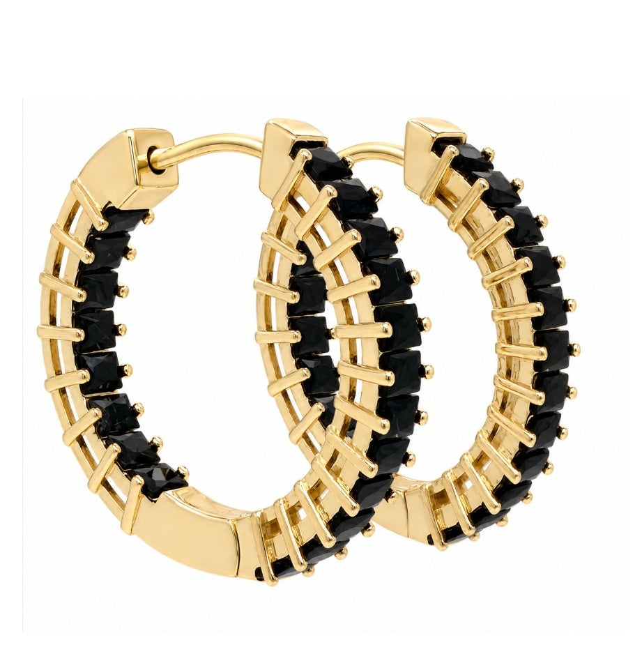 2.93 Ctw Black Spinel Hoop Earring in Brass Yellow Gold