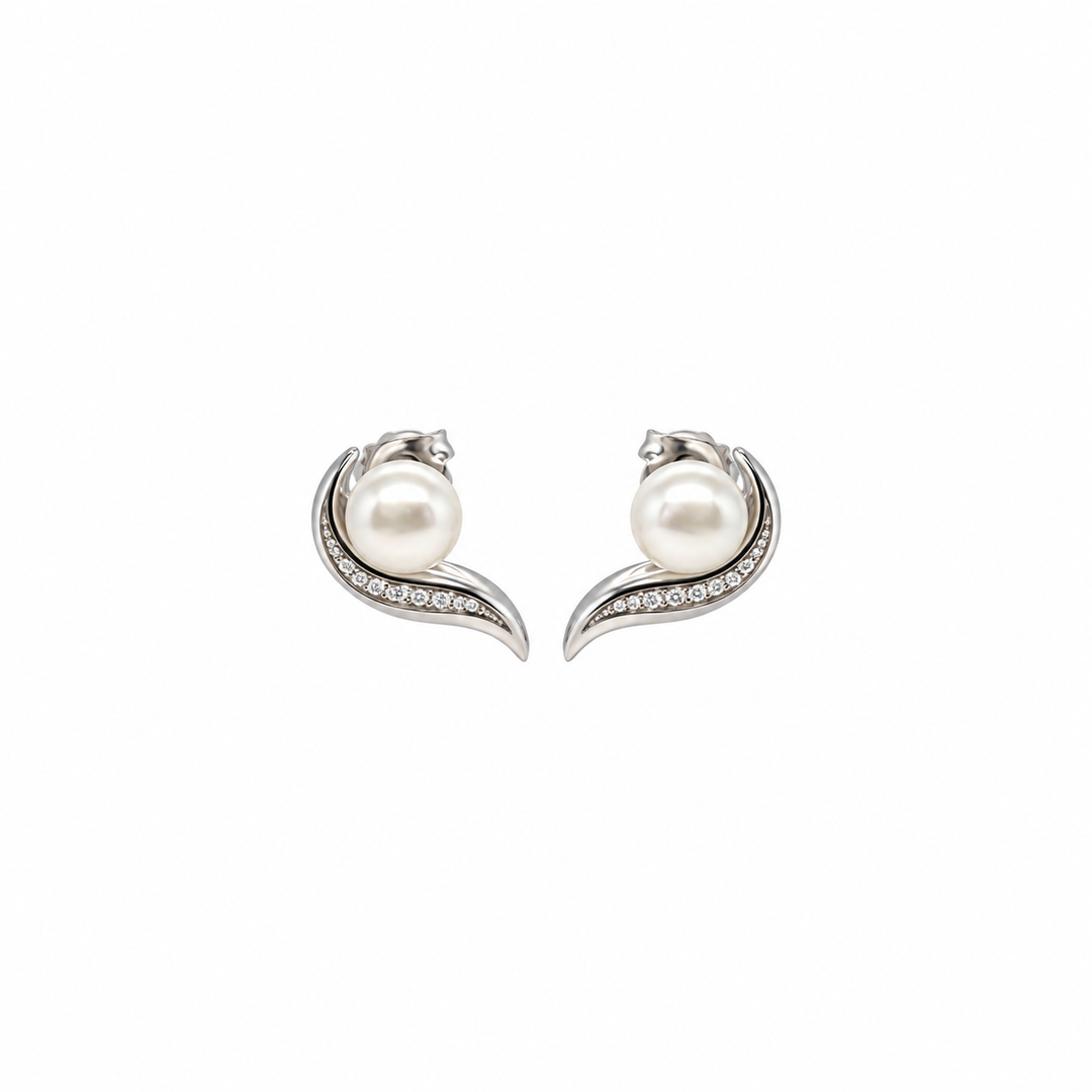 Pearl and  0.08 Ctw Lab Grown Diamond Earring in 925 Platinum Plated