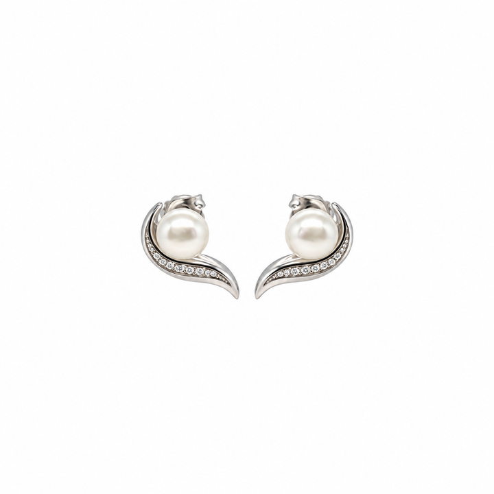 Pearl and  0.08 Ctw Lab Grown Diamond Earring in 925 Platinum Plated