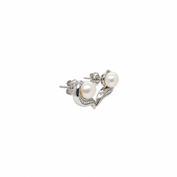 Pearl and  0.08 Ctw Lab Grown Diamond Earring in 925 Platinum Plated