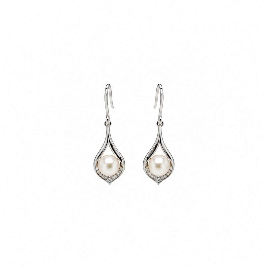 Pearl and  0.09 Ctw Lab Grown Diamond Earring in 925 Platinum Plated
