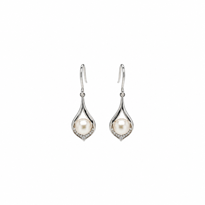 Pearl and  0.09 Ctw Lab Grown Diamond Earring in 925 Platinum Plated