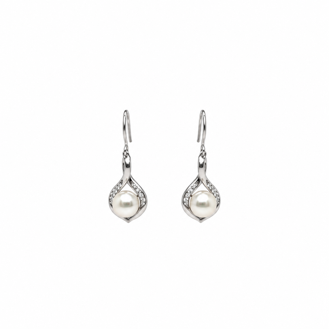 Pearl and  0.10 Ctw Lab Grown Diamond Earring in 925 Platinum Plated