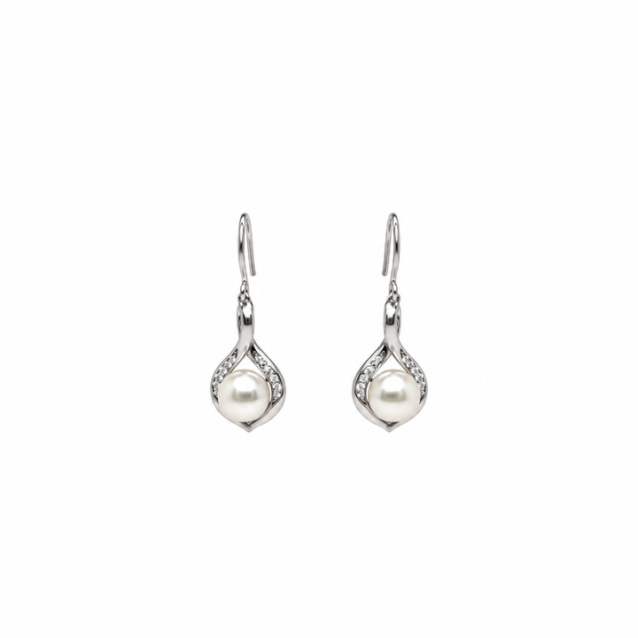 Pearl and  0.10 Ctw Lab Grown Diamond Earring in 925 Platinum Plated