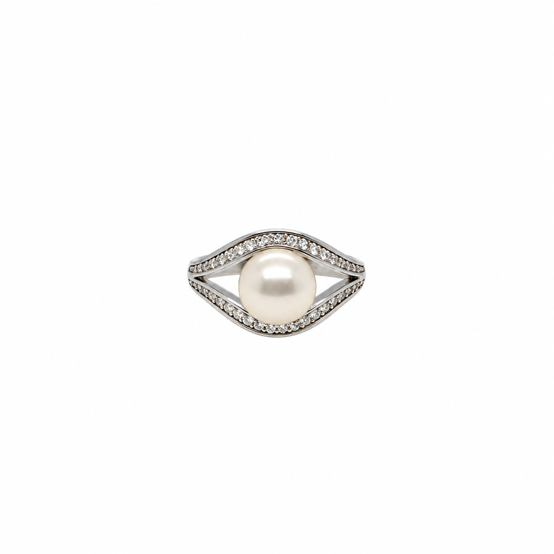 Pearl and  0.20 Ctw Lab Grown Diamond Ring in 925 Platinum Plated