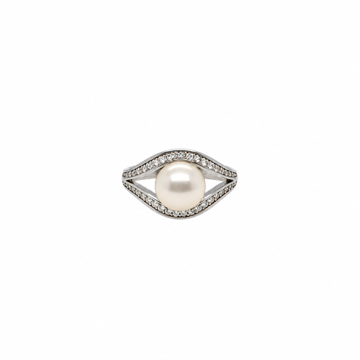 Pearl and  0.20 Ctw Lab Grown Diamond Ring in 925 Platinum Plated