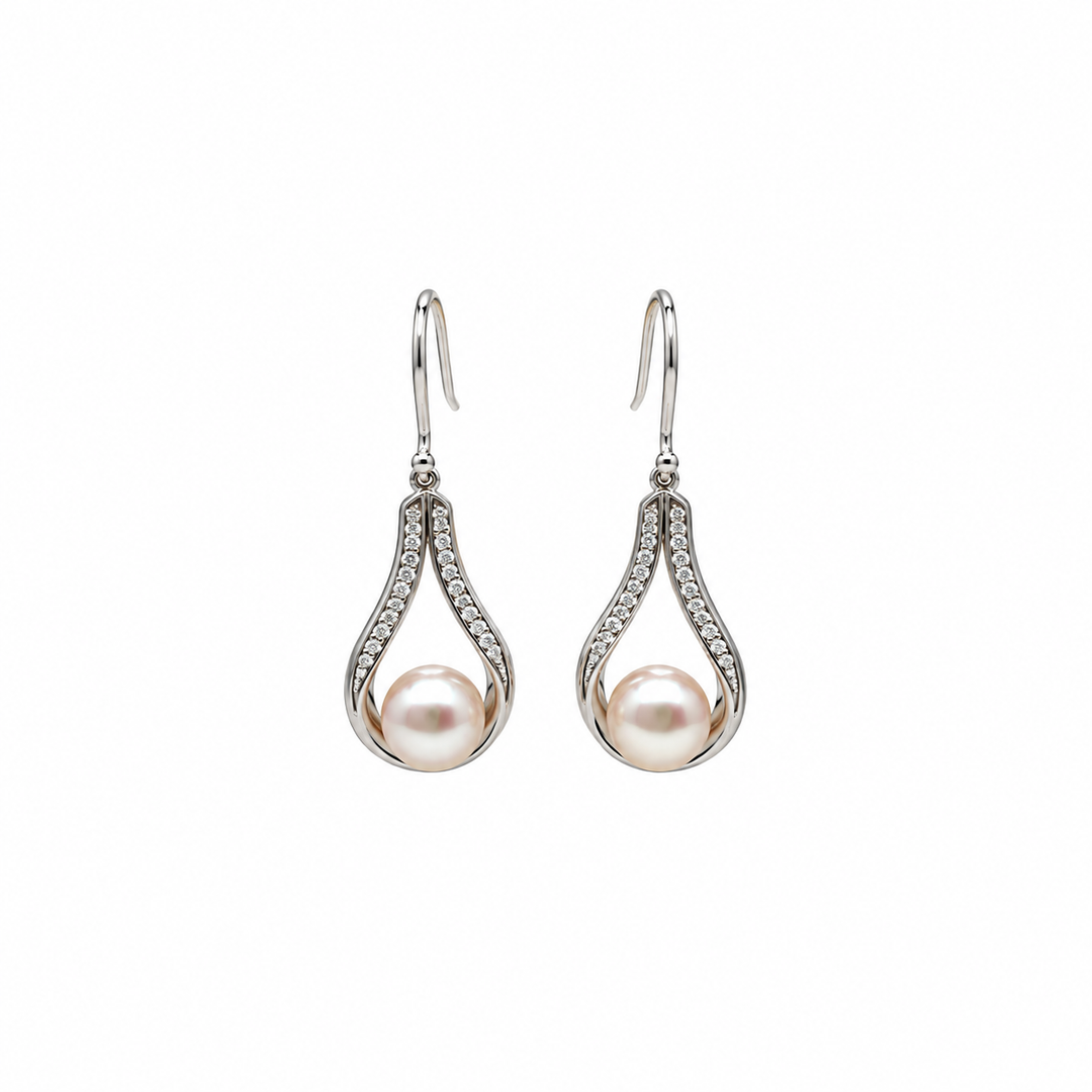 Pearl and  0.16 Ctw Lab Grown Diamond Earring in 925 Platinum Plated