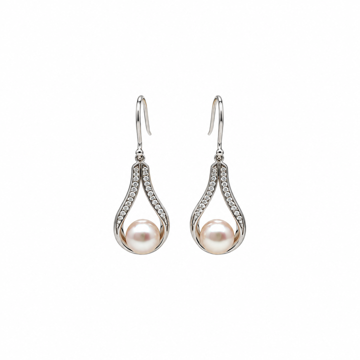 Pearl and  0.16 Ctw Lab Grown Diamond Earring in 925 Platinum Plated