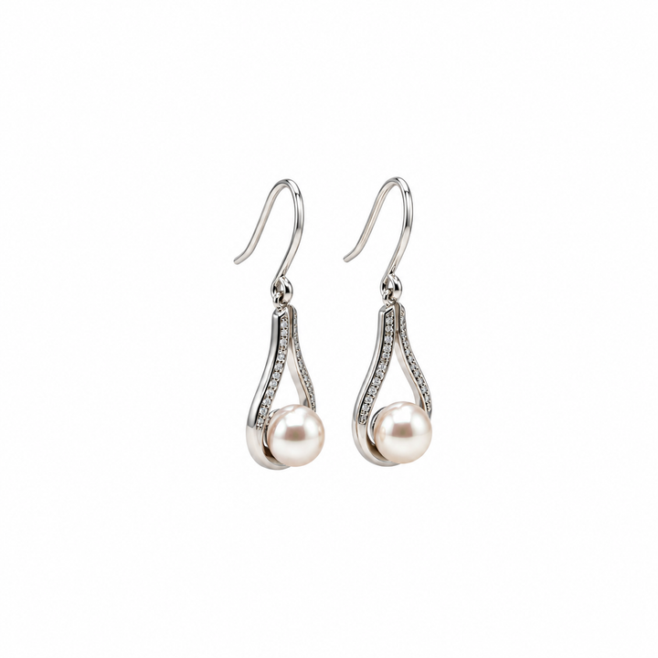 Pearl and  0.16 Ctw Lab Grown Diamond Earring in 925 Platinum Plated
