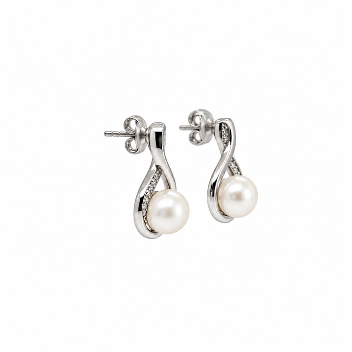 Pearl and  0.08 Ctw Lab Grown Diamond Earring in 925 Platinum Plated