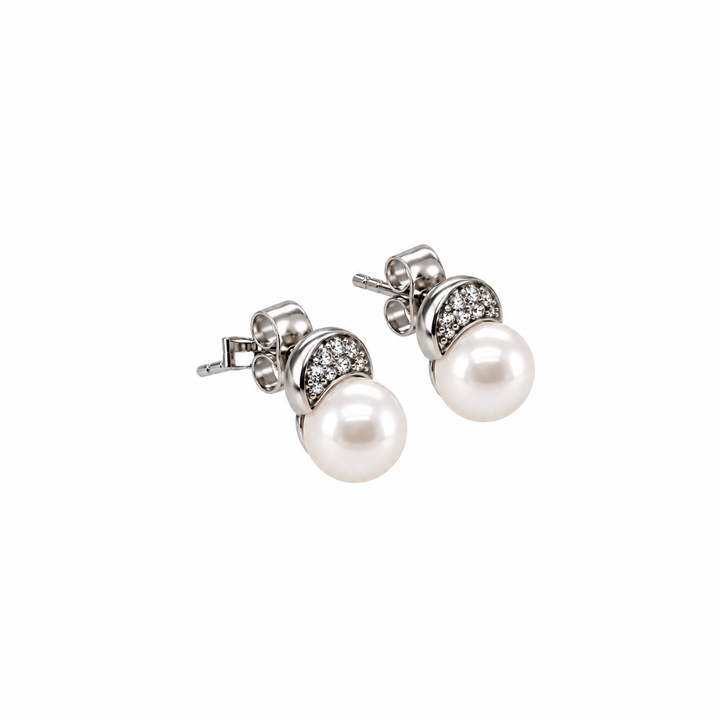 Pearl and  0.13 Ctw Lab Grown Diamond Earring in 925 Platinum Plated