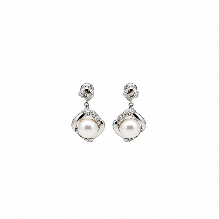 Pearl and  0.22 Ctw Lab Grown Diamond Earring in 925 Platinum Plated