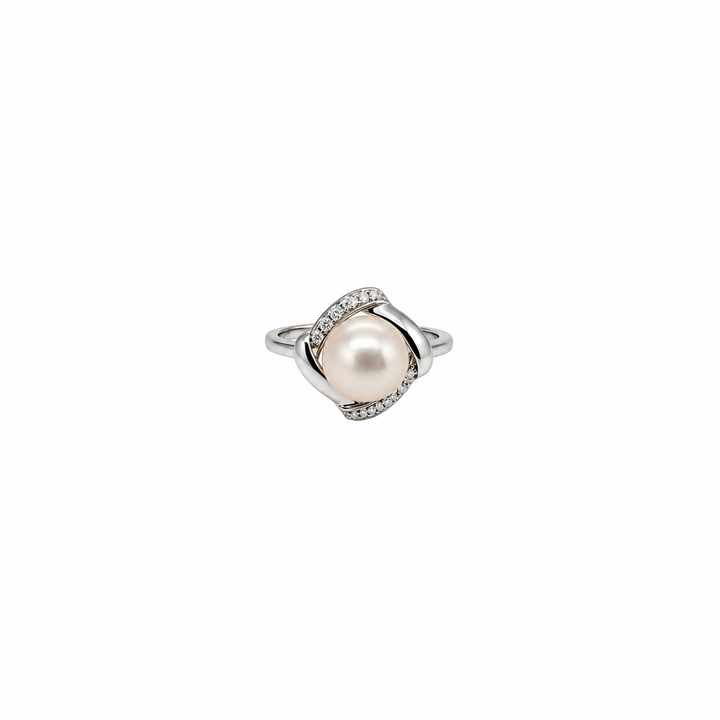 Pearl and  0.14 Ctw Lab Grown Diamond Ring in 925 Platinum Plated