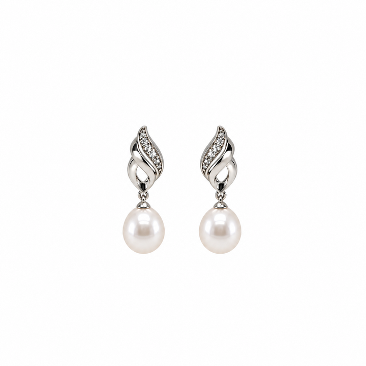 Pearl and  0.05 Ctw Lab Grown Diamond Earring in 925 Platinum Plated