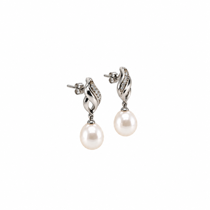 Pearl and  0.05 Ctw Lab Grown Diamond Earring in 925 Platinum Plated