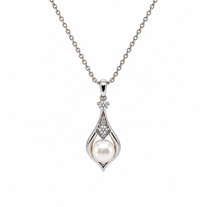 Pearl and  0.15 Ctw Lab Grown Diamond Pendant in 925 Platinum Plated