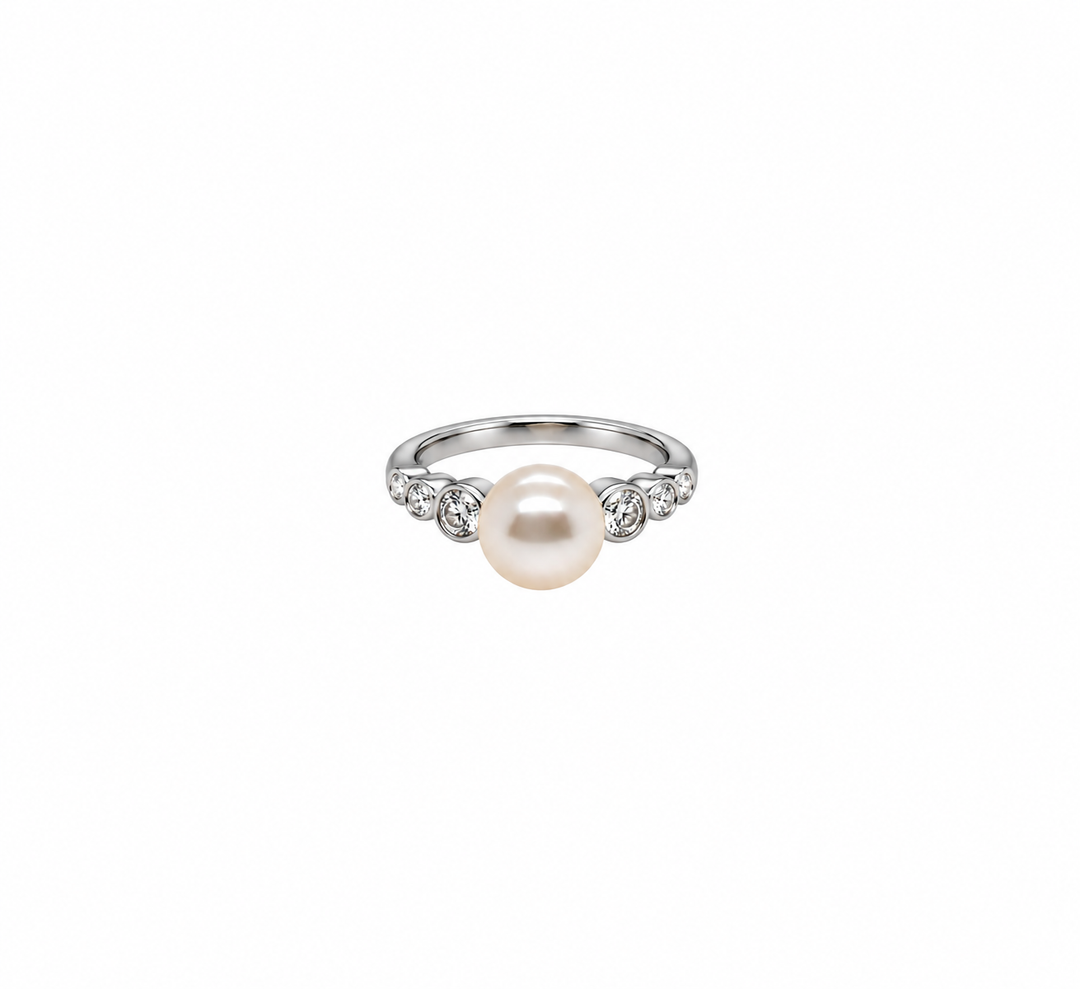 Pearl and  0.31 Ctw Lab Grown Diamond Ring in 925 Platinum Plated