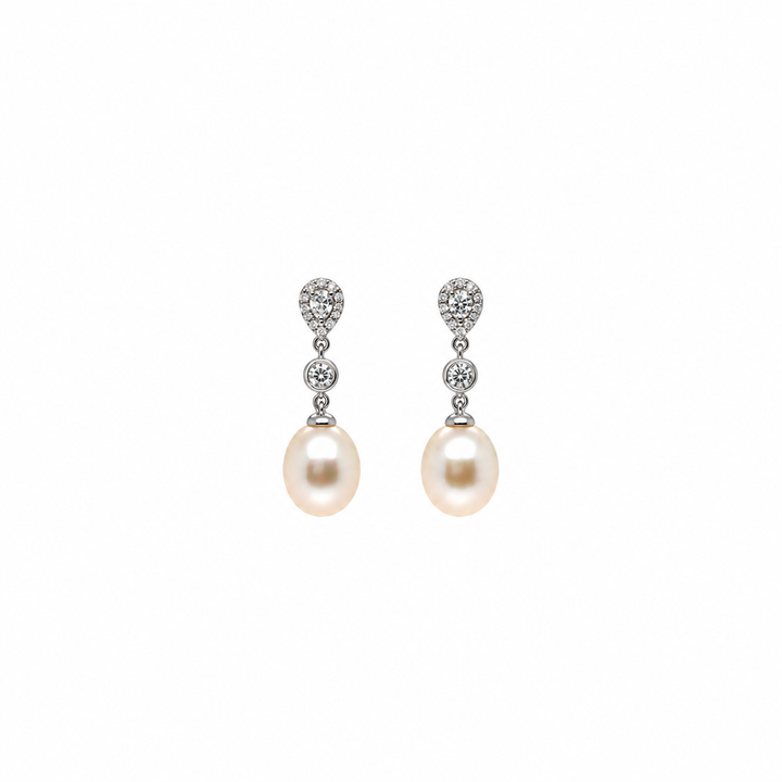 Pearl and  0.15 Ctw Lab Grown Diamond Earring in 925 Platinum Plated