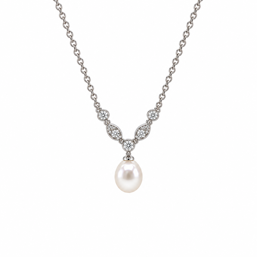 Pearl and  0.28 Ctw Lab Grown Diamond Necklace in 925 Platinum Plated