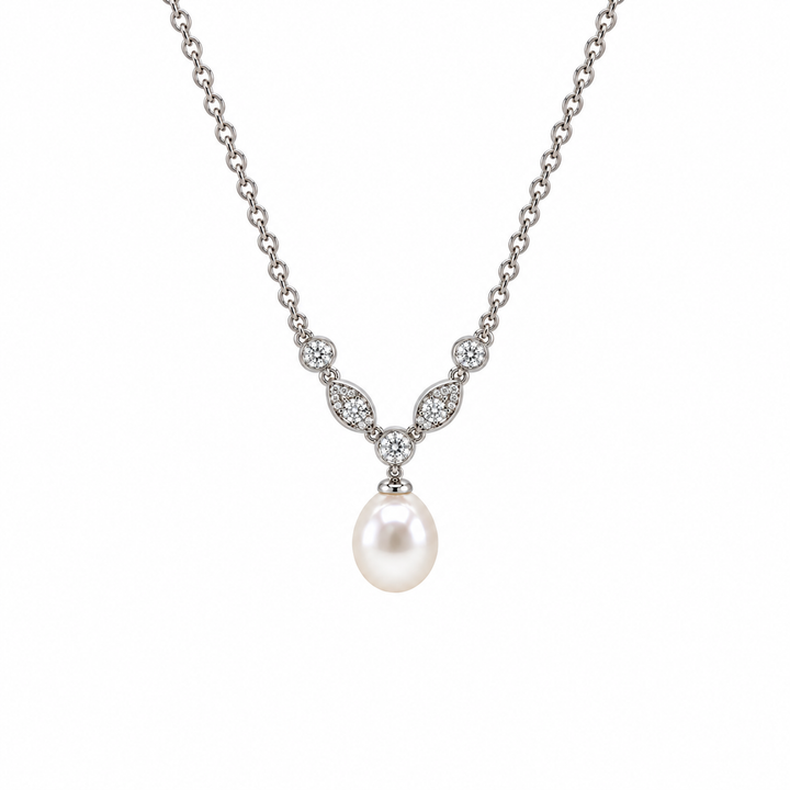 Pearl and  0.28 Ctw Lab Grown Diamond Necklace in 925 Platinum Plated