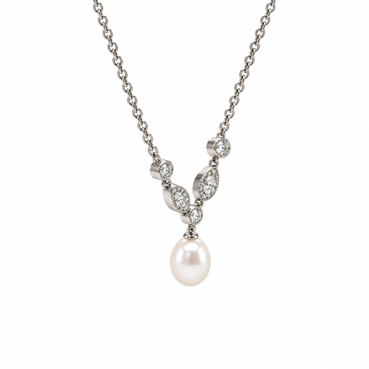 Pearl and  0.28 Ctw Lab Grown Diamond Necklace in 925 Platinum Plated