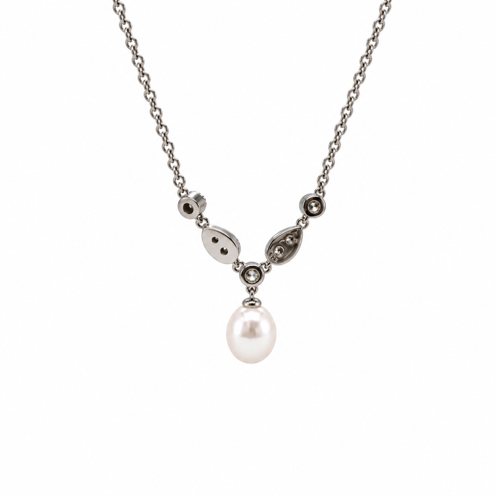 Pearl and  0.28 Ctw Lab Grown Diamond Necklace in 925 Platinum Plated
