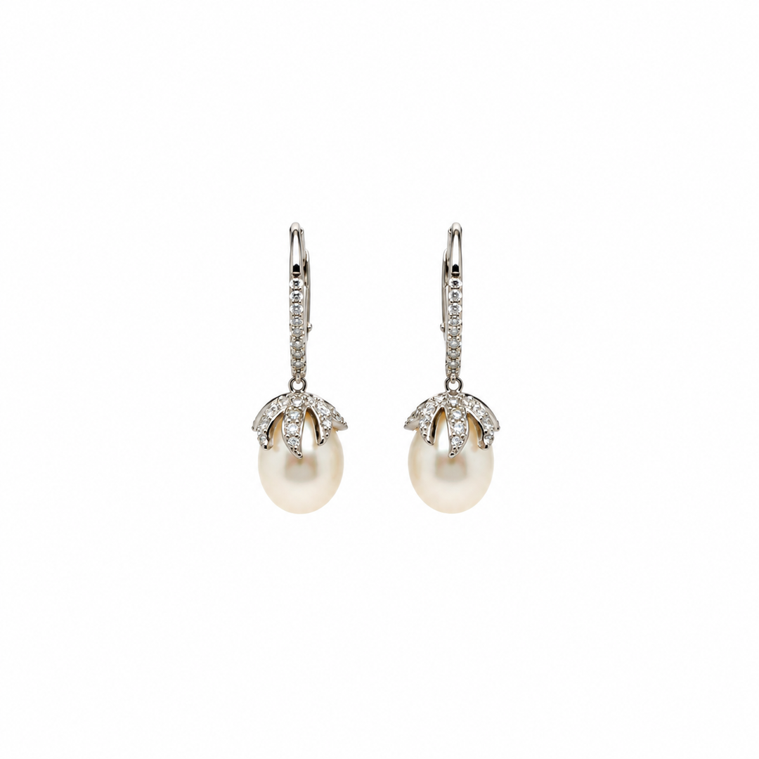 Pearl and  0.26 Ctw Lab Grown Diamond Earring in 925 Platinum Plated