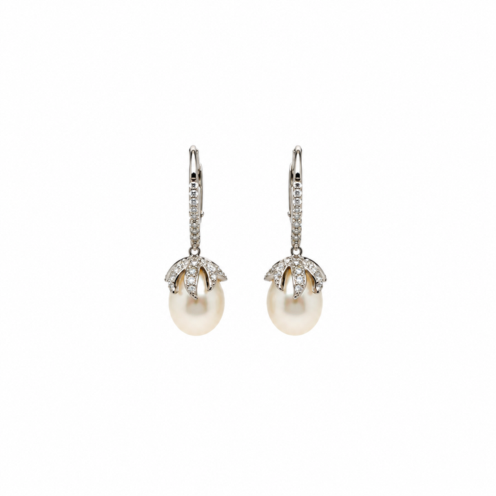 Pearl and  0.26 Ctw Lab Grown Diamond Earring in 925 Platinum Plated
