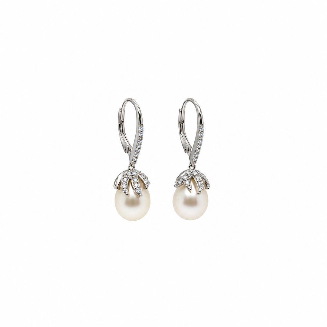Pearl and  0.26 Ctw Lab Grown Diamond Earring in 925 Platinum Plated
