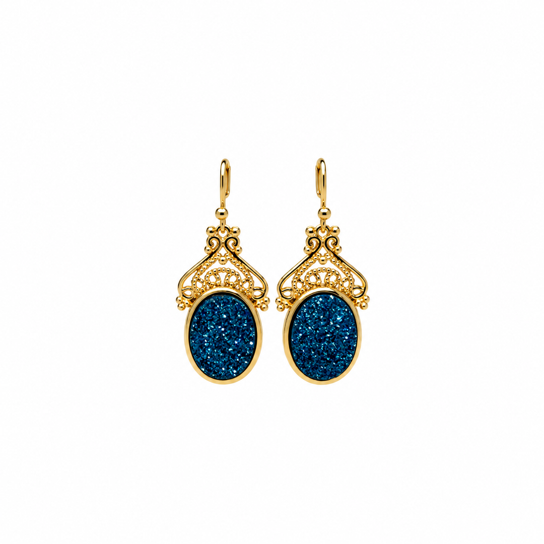 14.40  Blue Color Drusy Oval Shape Earring in Brass
