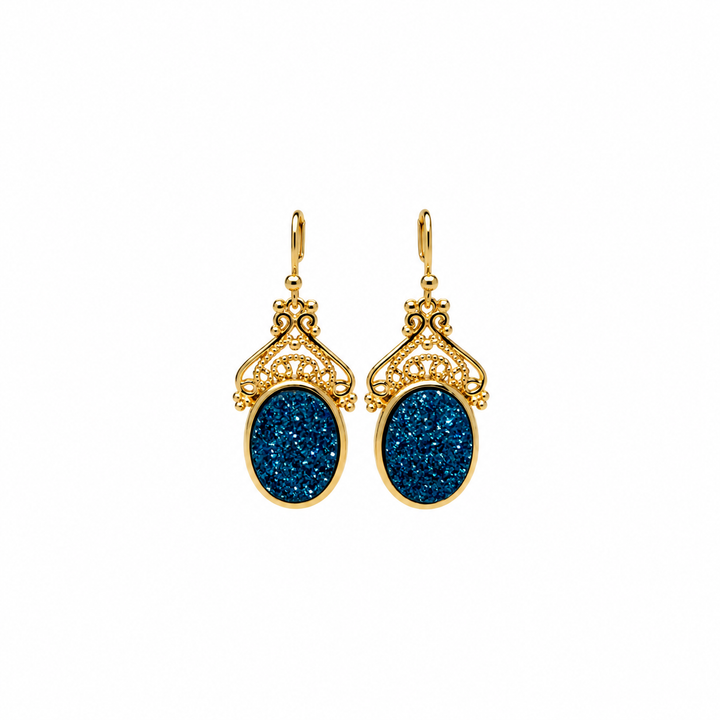 14.40  Blue Color Drusy Oval Shape Earring in Brass