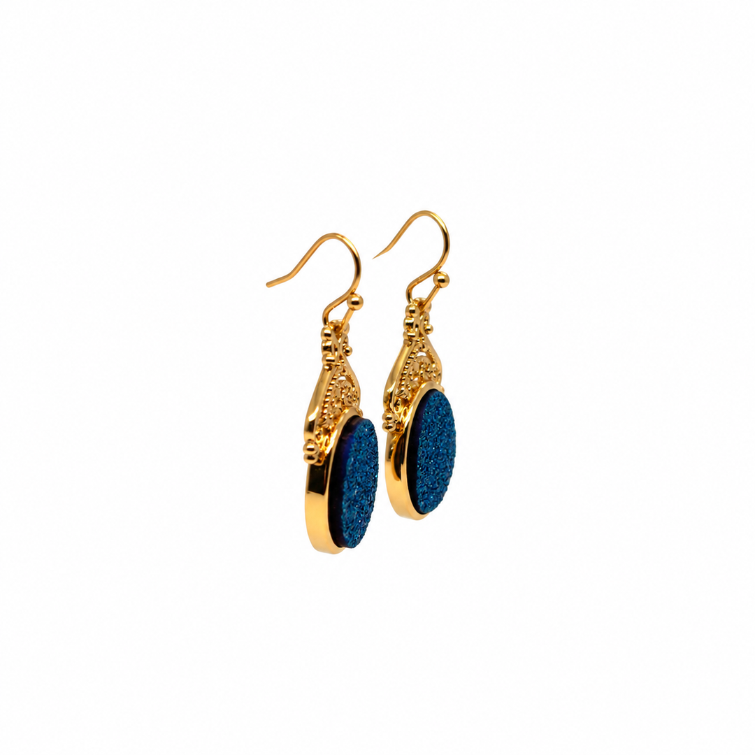 14.40  Blue Color Drusy Oval Shape Earring in Brass