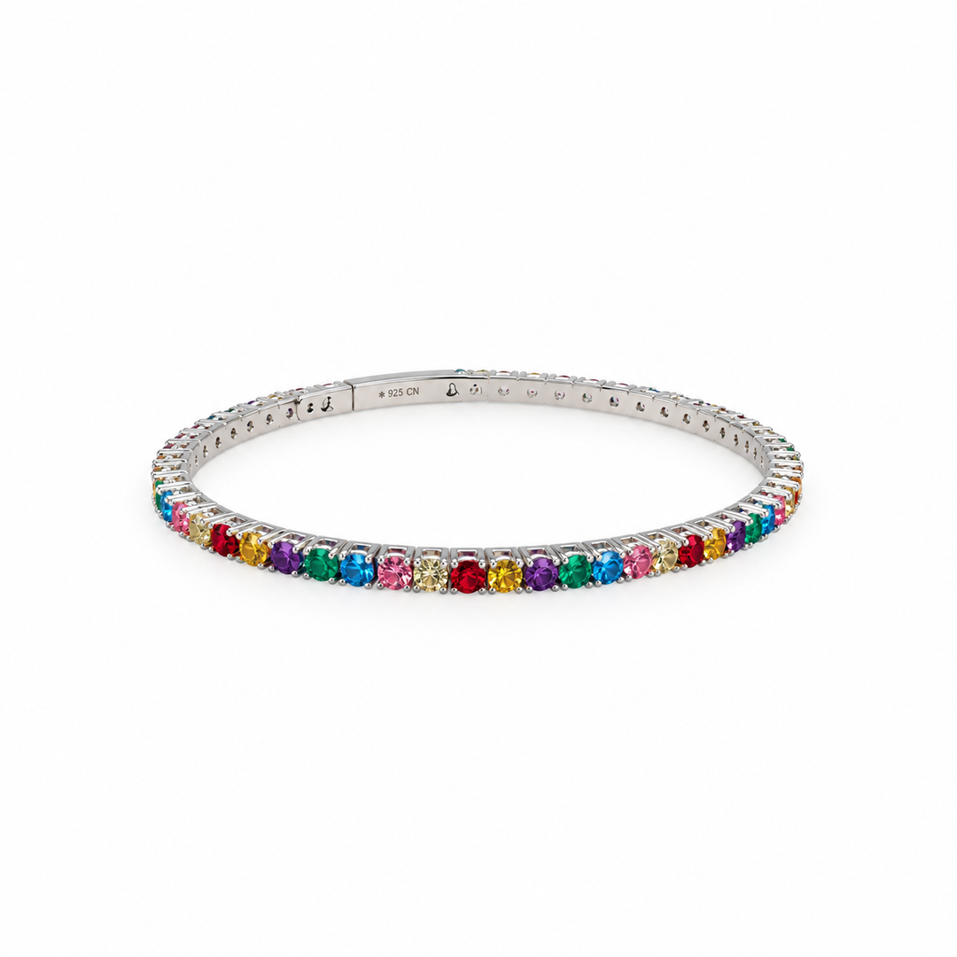 6.00 DEW Multi Color Moissanite Flex Bangle in 925 Platinum Plated