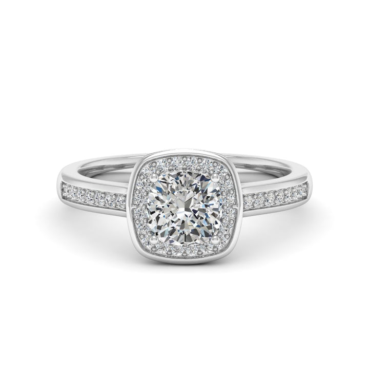 1.00 DEW Cushion White Moissanite Halo Ring in 14K Gold