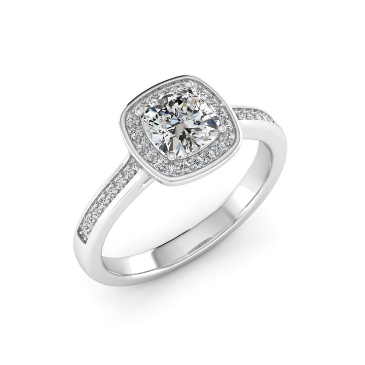 1.00 DEW Cushion White Moissanite Halo Ring in 14K Gold