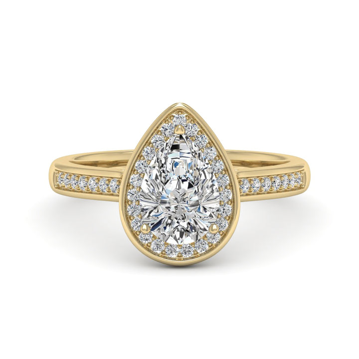 1.50 DEW Pear White Moissanite Halo Ring in 14K Gold