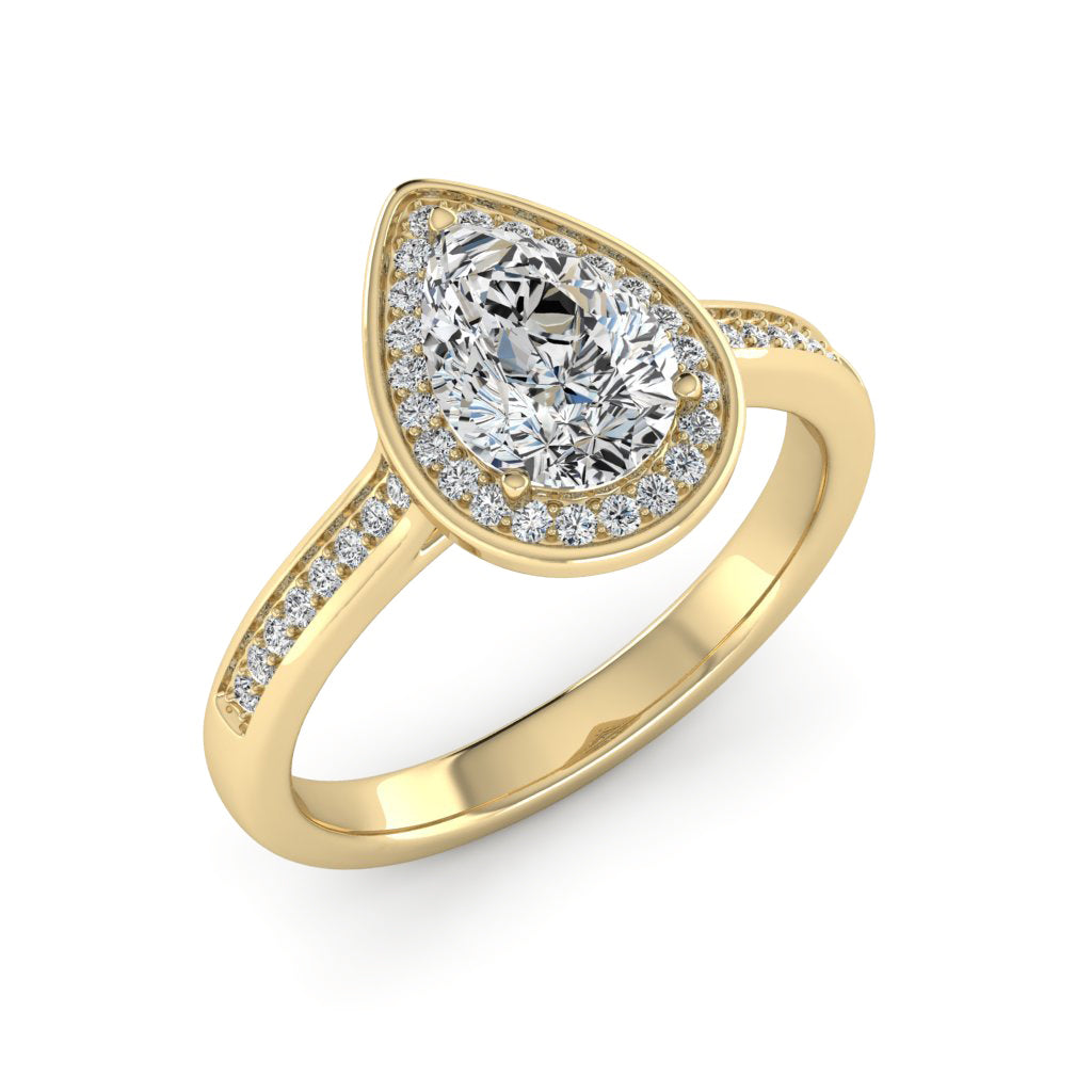 1.50 DEW Pear White Moissanite Halo Ring in 14K Gold