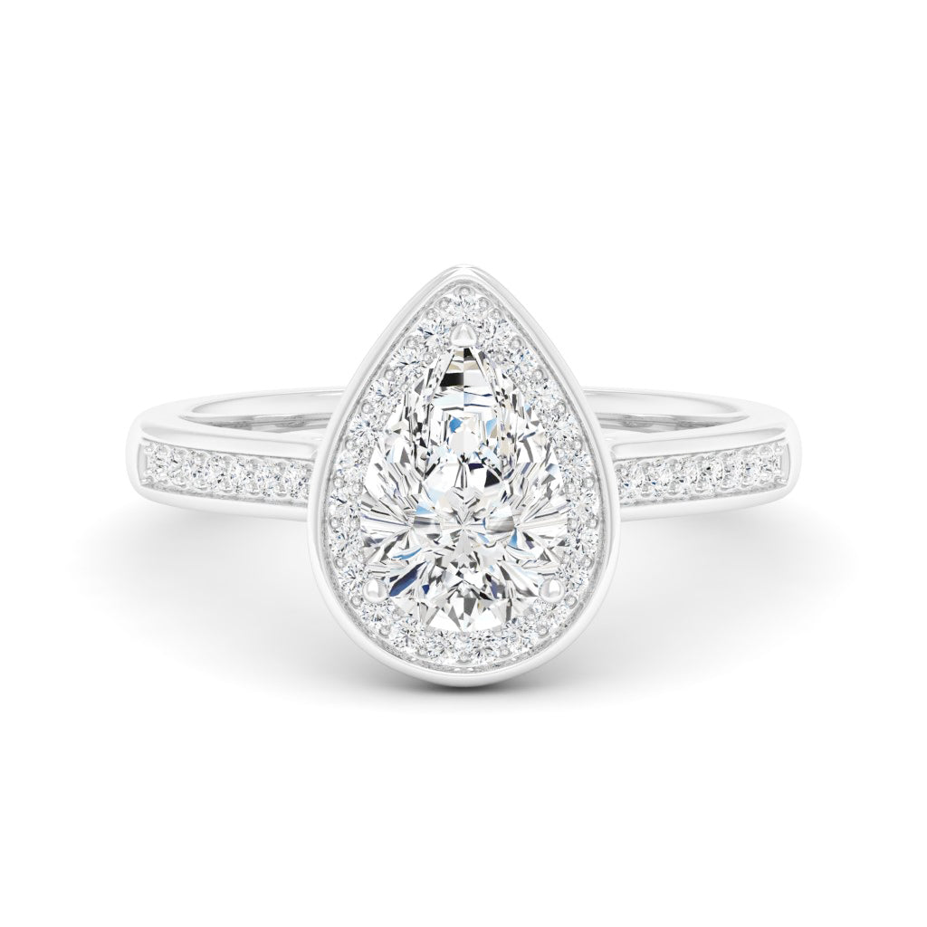 1.50 DEW Pear White Moissanite Halo Ring in 14K Gold