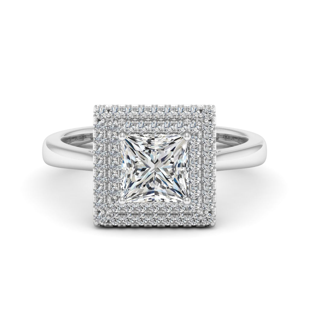 1.30 DEW Princess Cut White Moissanite Halo Ring in 14K Gold