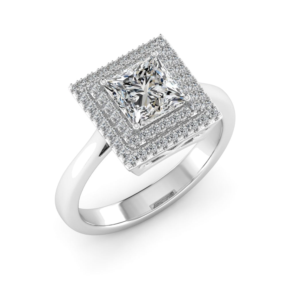 1.30 DEW Princess Cut White Moissanite Halo Ring in 14K Gold