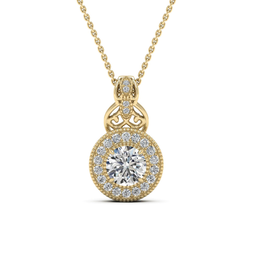 1.00 DEW Round White Moissanite Pendant in 14K Yellow Gold