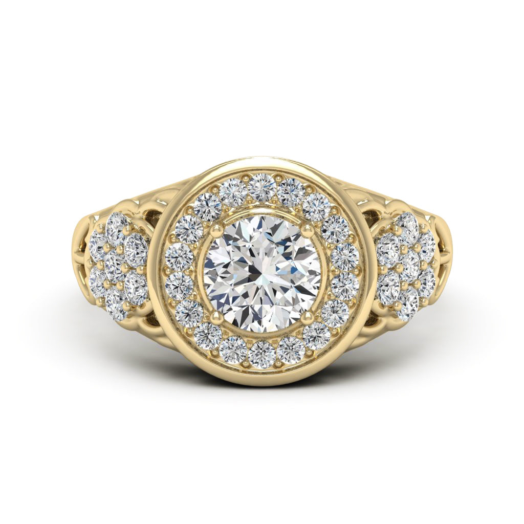 1.00 DEW Round White Moissanite Ring in 14K Yellow Gold