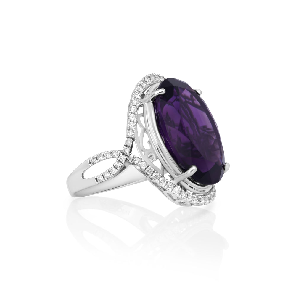 16 Cts Amethyst and White Diamond Ring in 14K White Gold