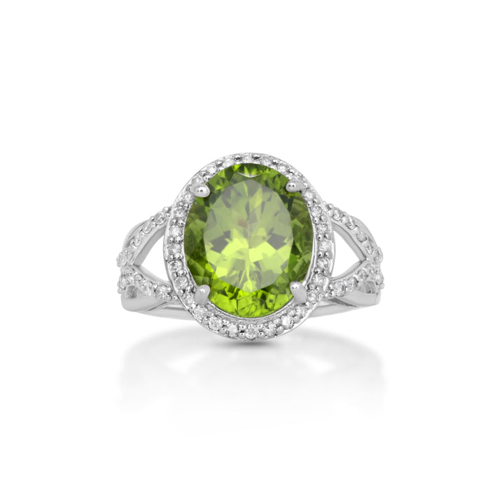 4.8 Cts Peridot and White Diamond Ring in 14K White Gold
