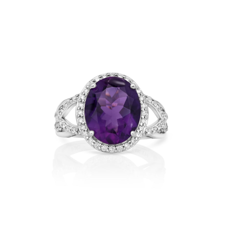 4.04 Cts Amethyst and White Diamond Ring in 14K White Gold