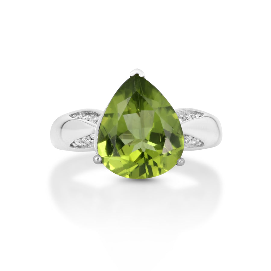 4.15 Cts Peridot and White Diamond Ring in 14K White Gold